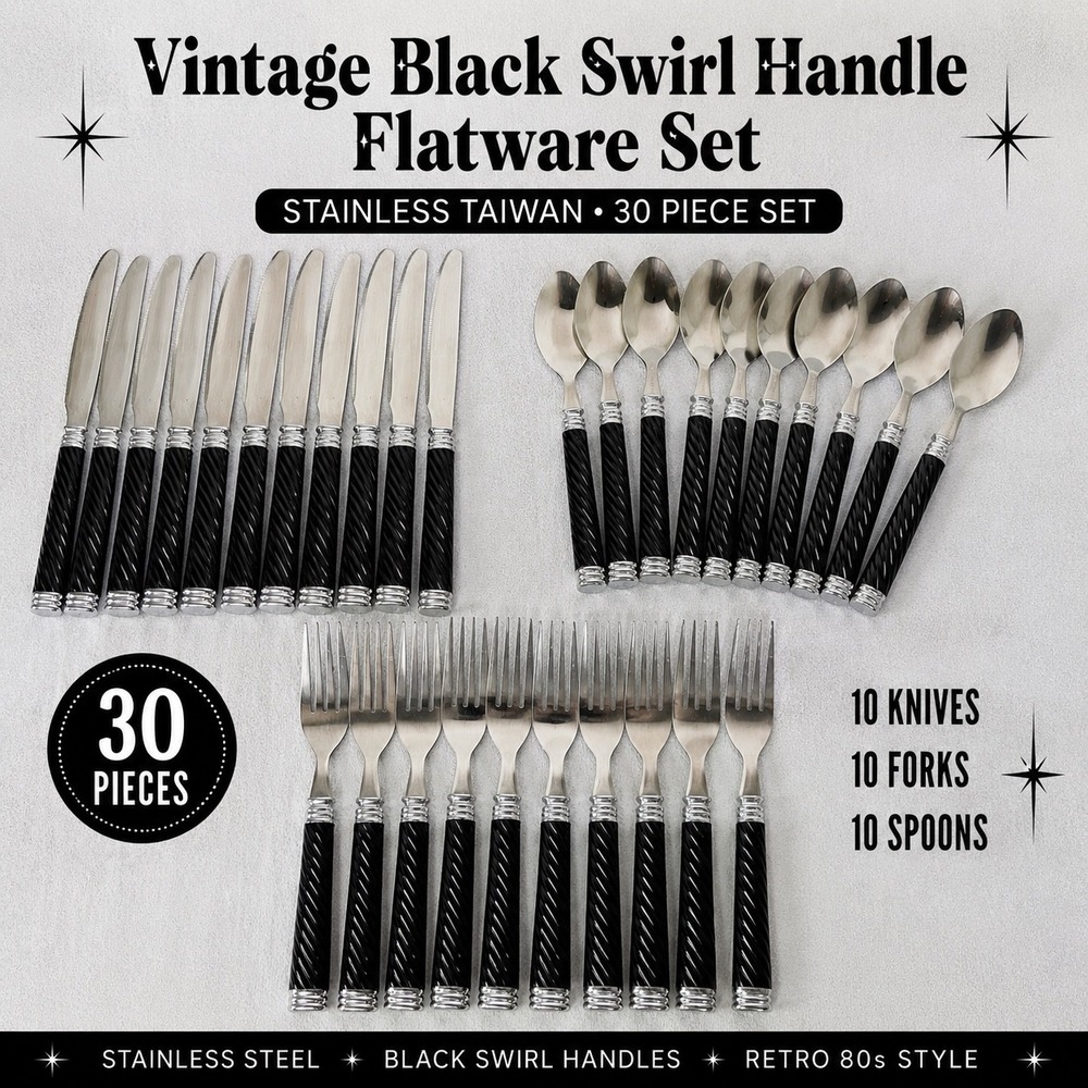 Vtg Stainless Taiwan Black Spiral Handle Flatware Set 30 Knives Forks Spoon MCMs